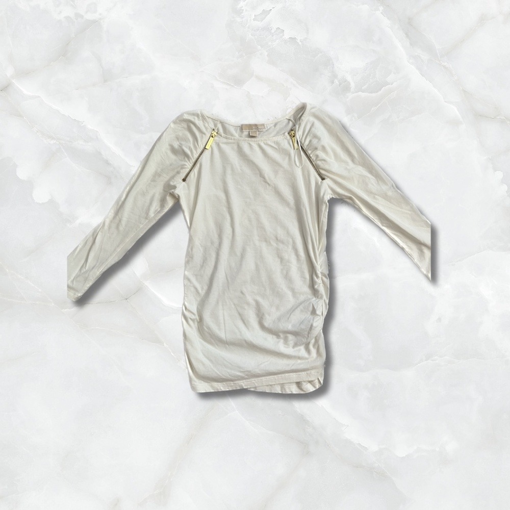 White Long Sleeve Blouse with Golden Zippers and Ruffled Sides